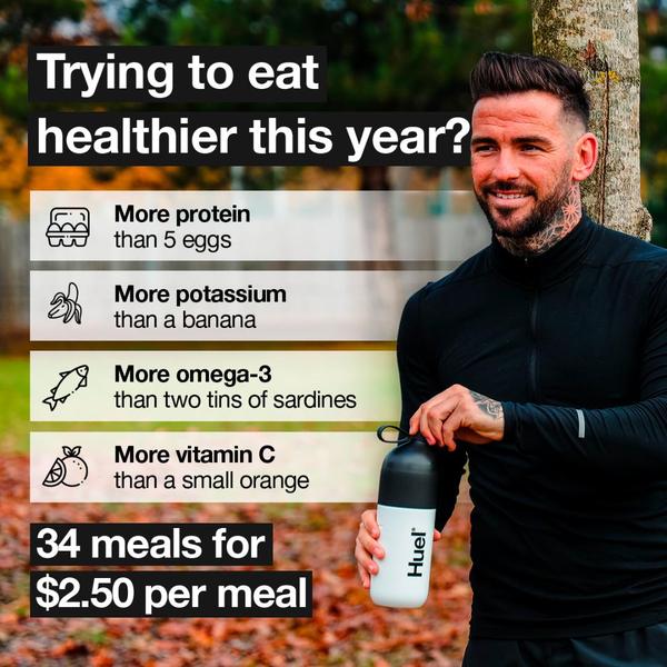 A direct comparison ad for a meal replacement shake showing nutritional benchmarks against common whole foods to build product credibility.